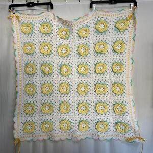 Handmade 3D Floral‎ Baby Afghan 39x39 Green Yellow Pink White